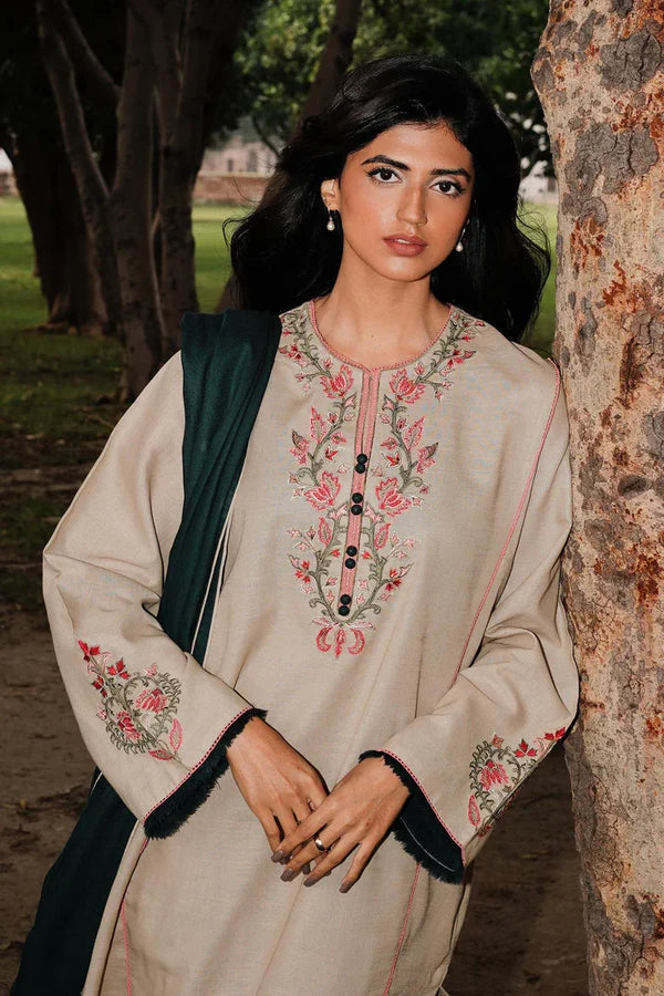 RARE- 3PC DHANAK EMBROIDERED SHIRT WITH DHANAK EMBROIDERED SHAWL AND TROUSER-1224