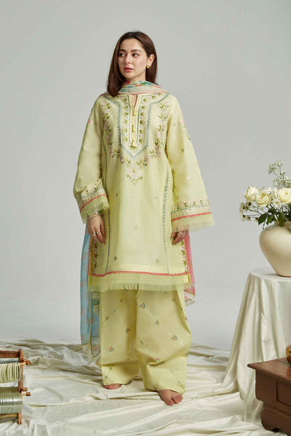 RARE-3PC LAWN EMBROIDERED SHIRT WITH MONARK PRINT DUPATTA & EMB TROUSER-3519