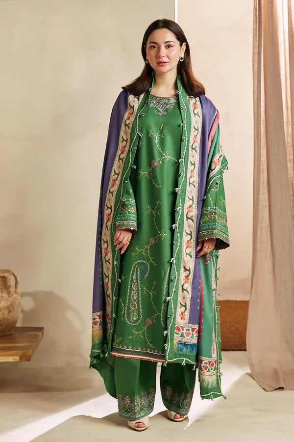 RARE 3PC DHANAK EMBROIDERED SHIRT WITH WOOL PRINT SHAWL AND TROUSER-3249