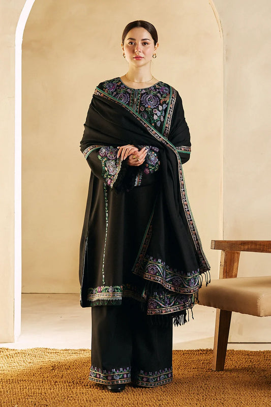 RARE 3PC DHANAK EMBROIDERED SHIRT DHANAK EMBROIDERED SHAWL AND TROUSER-3140 BLACK