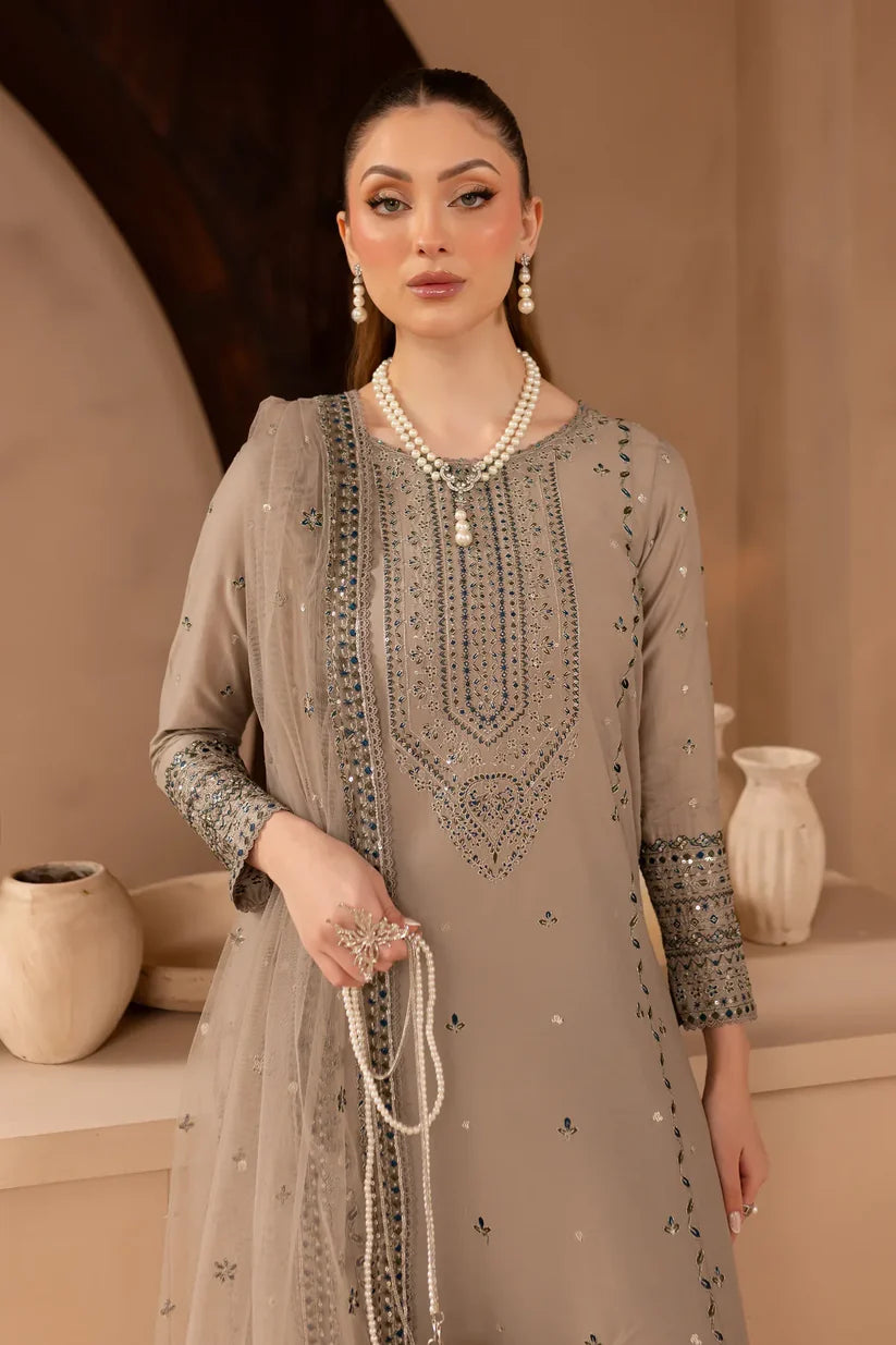 RARE-3PC LAWN EMBROIDERED SHIRT WITH ORGANZA EMBROIDERED DUPATTA AND EMBROIDERED TROUSER-3692