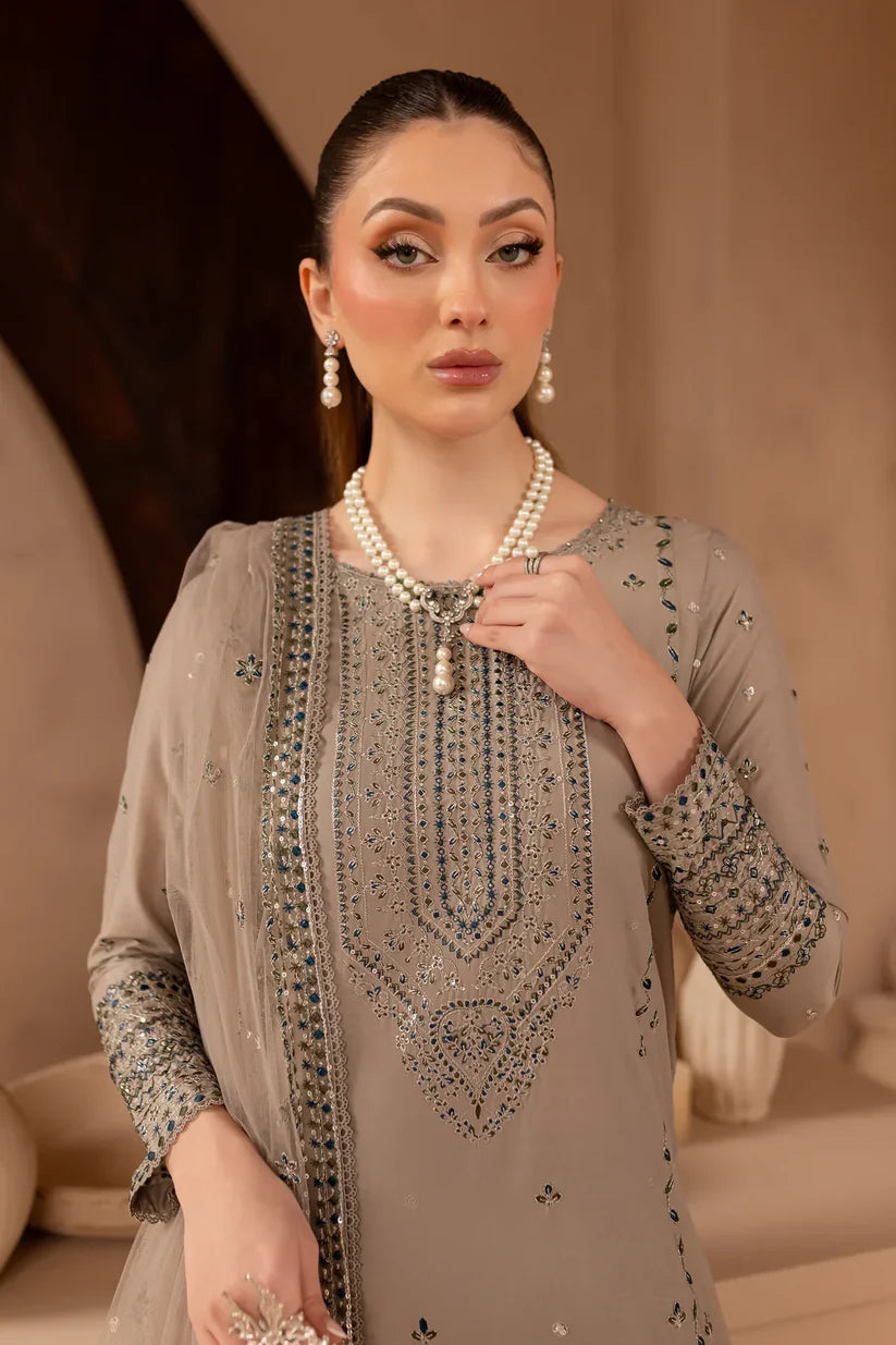RARE-3PC LAWN EMBROIDERED SHIRT WITH ORGANZA EMBROIDERED DUPATTA AND EMBROIDERED TROUSER-3692