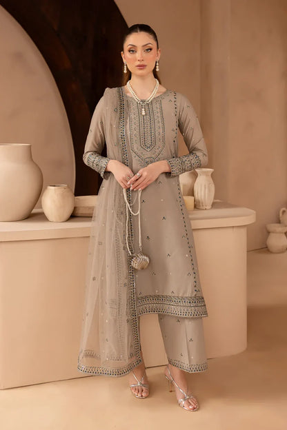 RARE-3PC LAWN EMBROIDERED SHIRT WITH ORGANZA EMBROIDERED DUPATTA AND EMBROIDERED TROUSER-3692