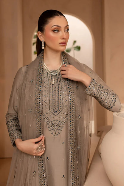 RARE-3PC LAWN EMBROIDERED SHIRT WITH ORGANZA EMBROIDERED DUPATTA AND EMBROIDERED TROUSER-3692