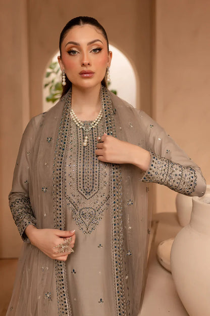 RARE-3PC LAWN EMBROIDERED SHIRT WITH ORGANZA EMBROIDERED DUPATTA AND EMBROIDERED TROUSER-3692