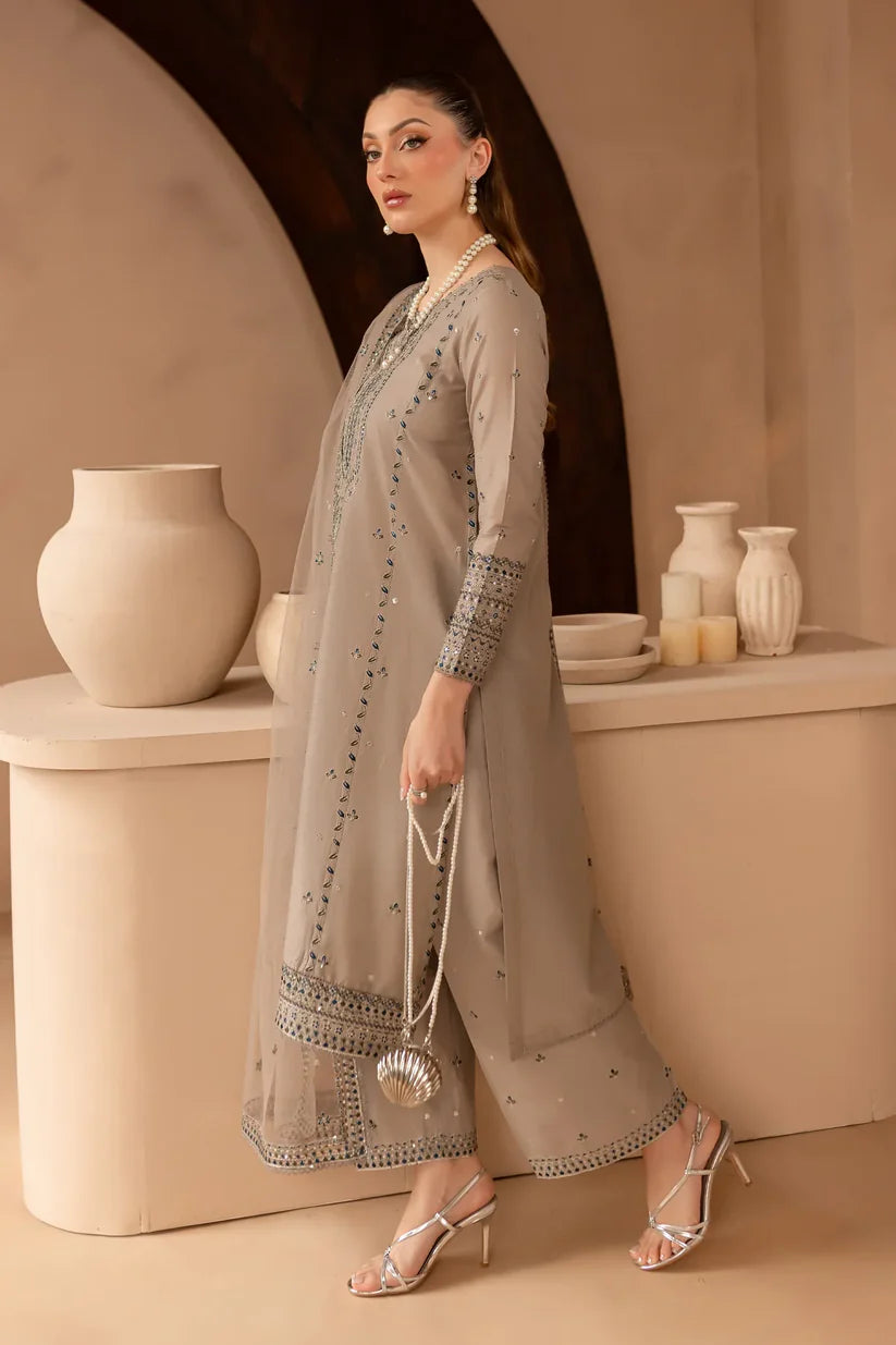 RARE-3PC LAWN EMBROIDERED SHIRT WITH ORGANZA EMBROIDERED DUPATTA AND EMBROIDERED TROUSER-3692