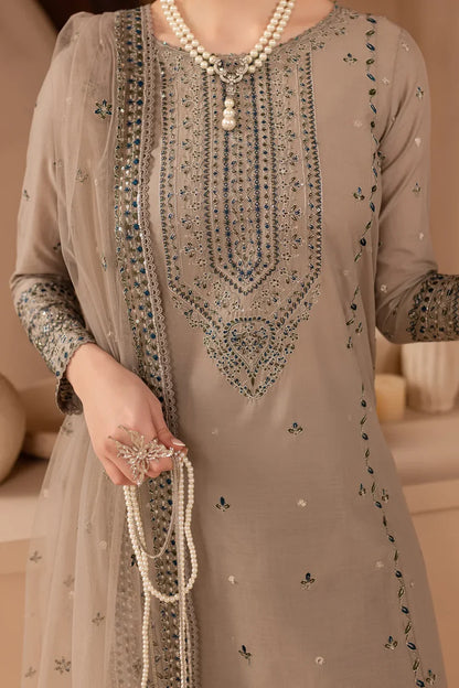 RARE-3PC LAWN EMBROIDERED SHIRT WITH ORGANZA EMBROIDERED DUPATTA AND EMBROIDERED TROUSER-3692
