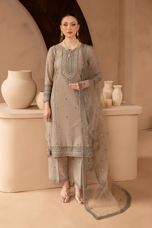 RARE-3PC LAWN EMBROIDERED SHIRT WITH ORGANZA EMBROIDERED DUPATTA AND EMBROIDERED TROUSER-3692