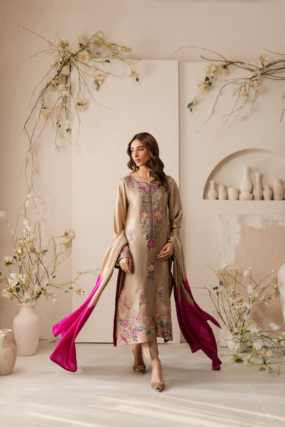 RARE-3PC LAWN EMBROIDERED SHIRT WITH DYE & DYE CHIFFON DUPATTA AND TROUSER-3637