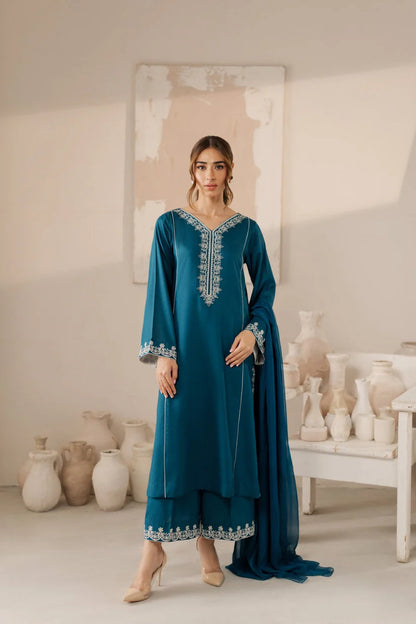 RARE-Lawn 3pc Embroidered Shirt With Bamber Chiffon Dupatta & Embroidered Trouser-3568