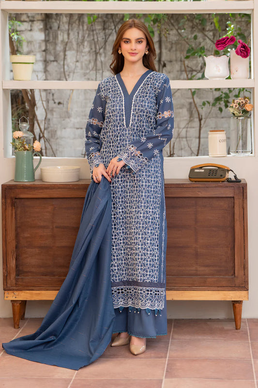 RARE-3PC LAWN CHIKENKARI EMBROIDERED SHIRT WITH LAWN TUBE SLUB DUPATTA-