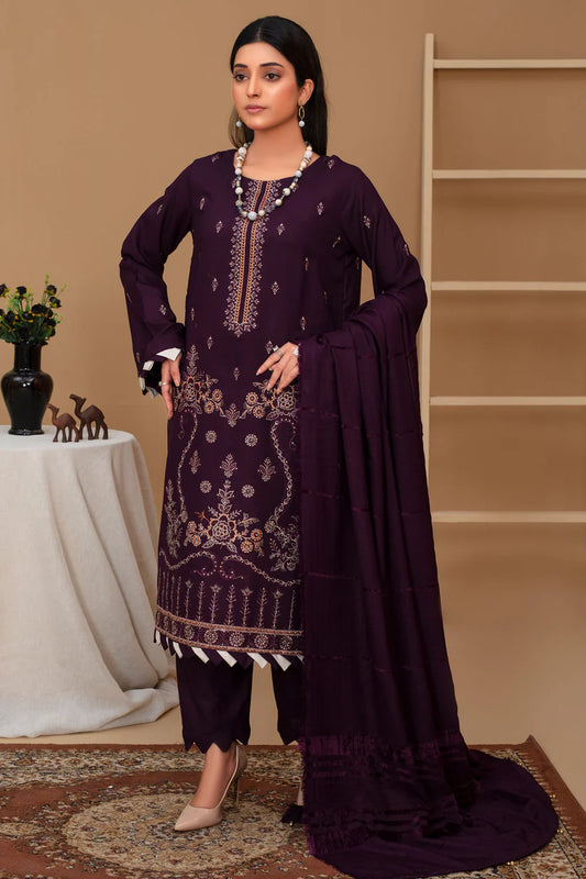 RARE 3PC Dhanak Embroidered Shirt with Velvet Dhanak Shawl and Trouser-PLUM