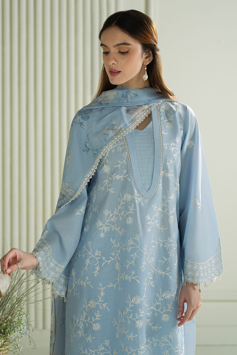 RARE-3PC LAWN EMBROIDERED SHIRT WITH MONARK PRINTED DUPATTA AND TROUSE-3664