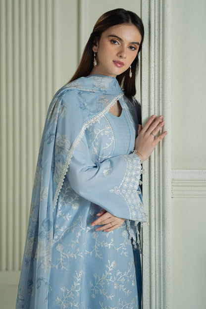 RARE-3PC LAWN EMBROIDERED SHIRT WITH MONARK PRINTED DUPATTA AND TROUSE-3664