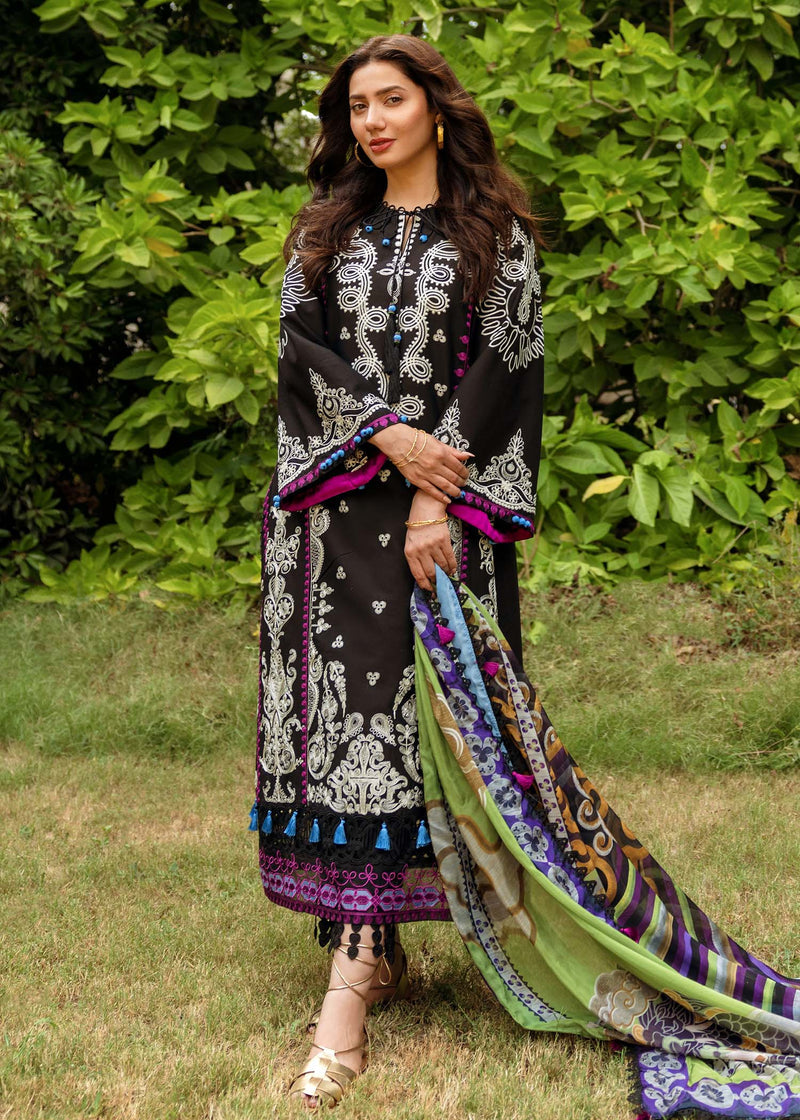 RARE-3PC LAWN EMBROIDERED SHIRT WITH MONARK PRINT DUPATTA AND LAWN TROUSER-ADR-3514