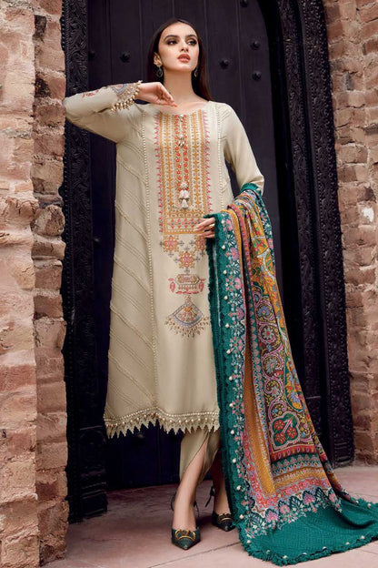 RARE- 3PC LAWN EMBROIDERED SHIRT WITH MONARK PRINTED DUPATTA AND TROUSER-3562