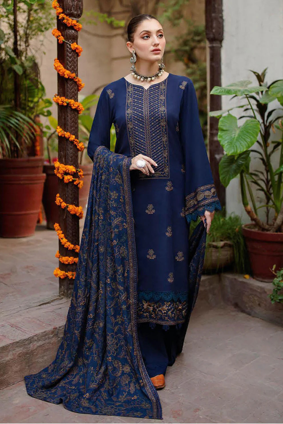 3 Piece Embroidered Dhanak Shirt with Embroidered Dhanak Shawl ZH 960