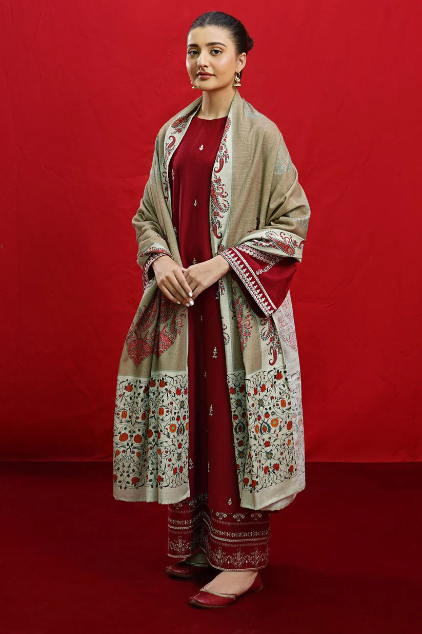 RARE-3PC DHANAK EMBROIDERED SHIRT WITH COUTURE PRINTED SHAWL & EMB TROUSER-3363