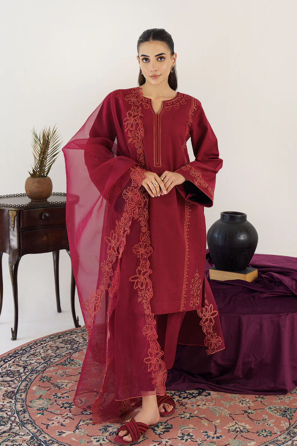 RARE- 3PC KHADAR EMBROIDERED SHIRT WITH ORGANZA EMBROIDRED DUPATTA AND TROUSER-3195