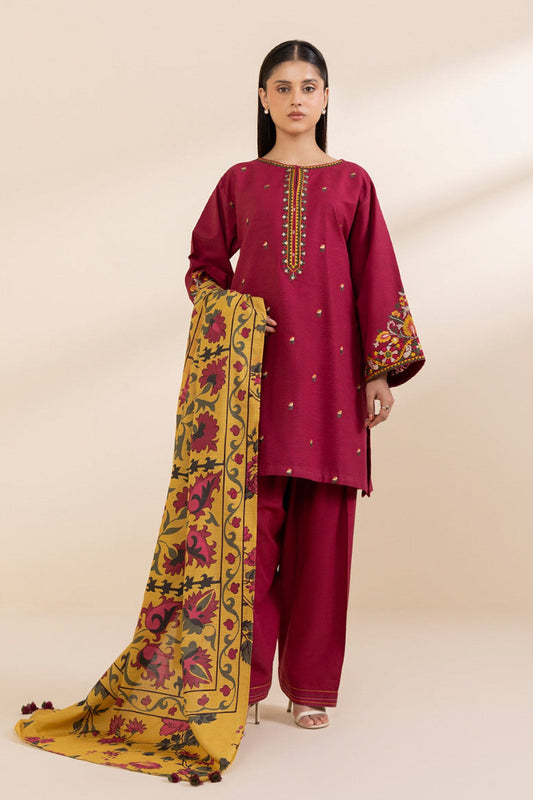 RARE-3PC LAWN EMBROIDERED SHIRT WITH MONARK PRINT DUPATTA AND TROUSER-3607