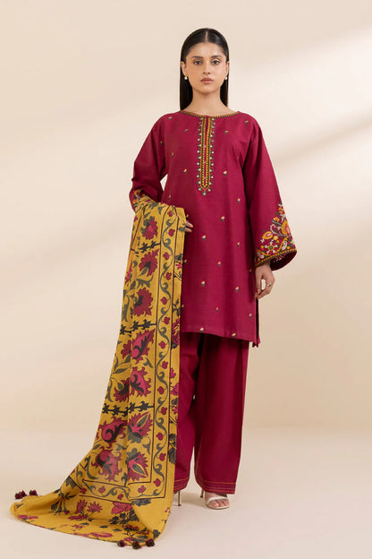 RARE- 3PC KHADAR EMBROIDERED SHIRT WITH WOOL PRINT SHAWL AND TROUSER-3373