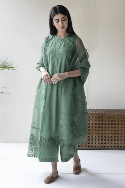 RARE - 3PC LAWN EMBROIDERED SHIRT WITH ORGANZA EMBROIDERED DUPPATTA & TROUSER-3615