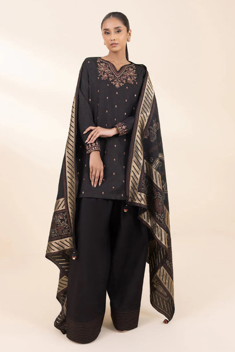 RARE- 3PC DHANAK EMBROIDERED SHIRT WITH WOOL PRINT SHAWL AND TROUSER-3372