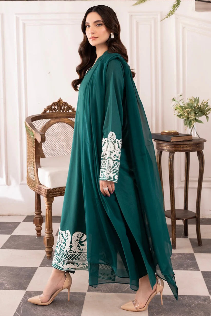 RARE-Lawn 3pc Embroidered Shirt With Bamber Chiffon Dupatta & Trouser-3577