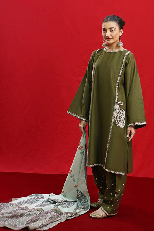 RARE 3PC Dhanak Embroidered Shirt With Dhanak Twil Print Wool Shawl & Trouser-3361