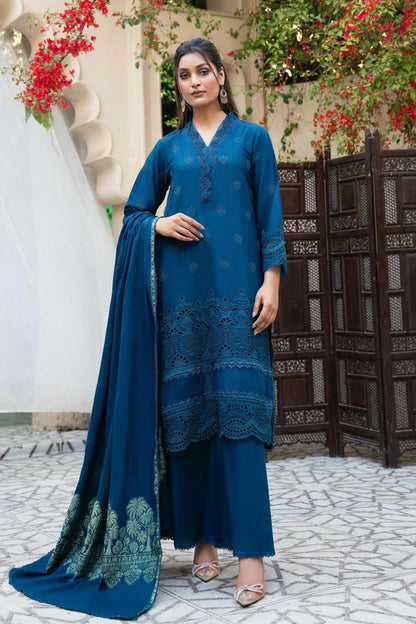 RARE-3PC LAWN CHIKENKARI EMBROIDERED SHIRT WITH LAWN JACQUARD PRINT DUPATTA-5600
