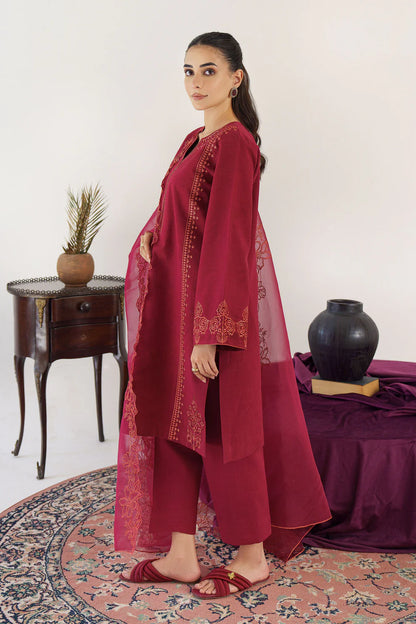 RARE- 3PC KHADAR EMBROIDERED SHIRT WITH ORGANZA EMBROIDRED DUPATTA AND TROUSER-3195