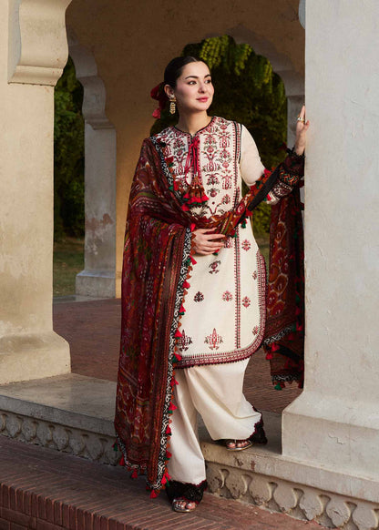 RARE- 3PC LAWN EMBROIDERED SHIRT WITH MONARK PRINT DUPATTA & TROUSER-3602