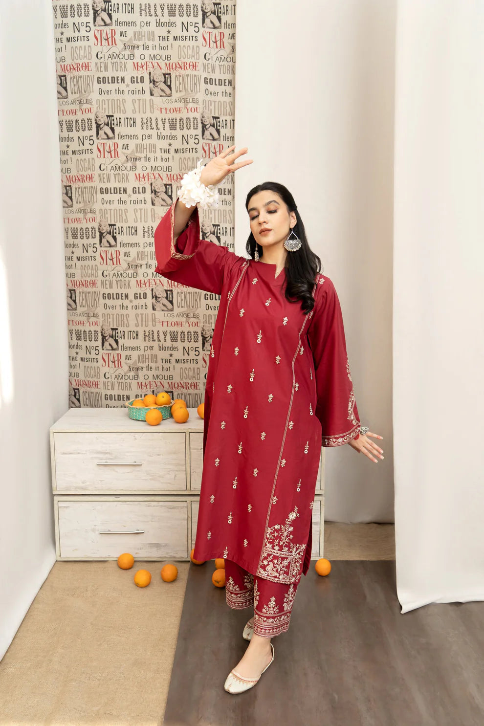 RARE- 3PC DHANAK EMBROIDERED SHIRT WITH COUTURE PRINTED SHAWL AND EMB TROUSER-3205