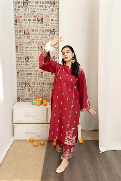 RARE- 3PC DHANAK EMBROIDERED SHIRT WITH COUTURE PRINTED SHAWL AND EMB TROUSER-3205