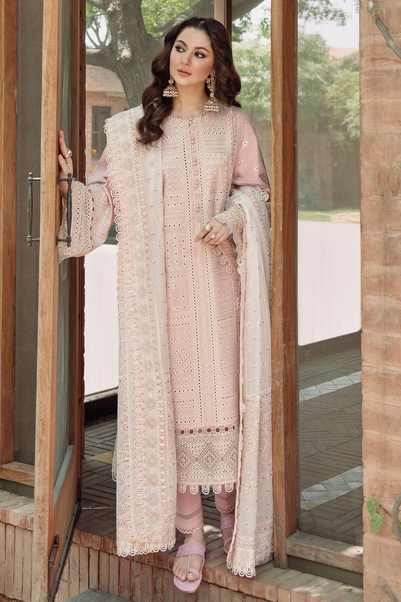 RARE-3PC LAWN LASERCUT EMBROIDERED SHIRT WITH MONARK EMBROIDERED DUPATTA AND TROUSER-3702
