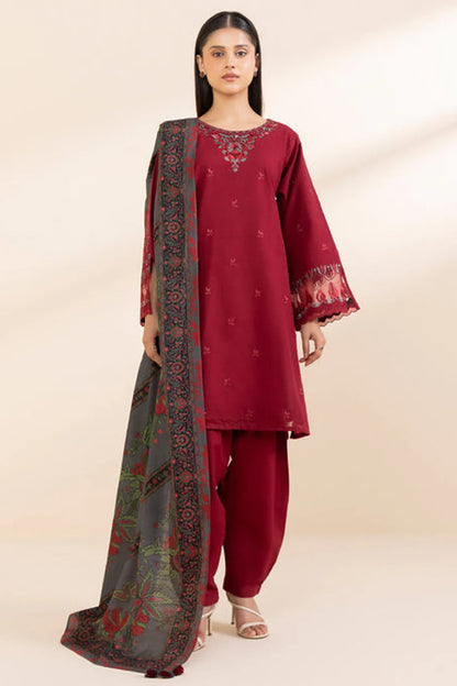 RARE-3PC KHADAR EMBROIDERED SHIRT WITH WOOL PRINT SHAWL & TROUSER-3394