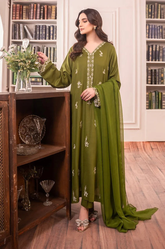 RARE-Lawn 3pc Embroidered Shirt With Bamber Chiffon Dupatta & Trouser-3575