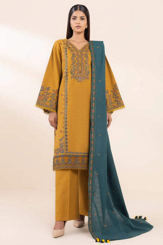 RARE_ 3PC DHANAK EMBROIDERED SHIRT WITH DHANAK EMBROIDERED SHAWL AND TROUSER-3374