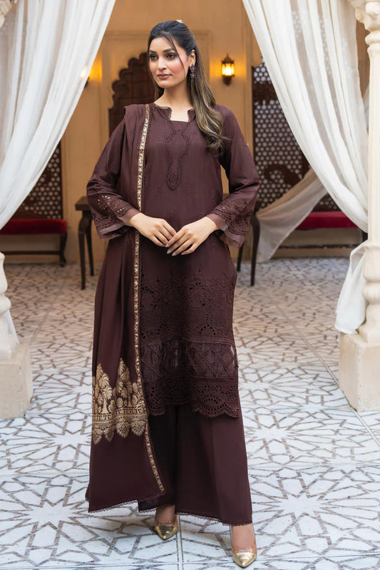 RARE-3PC LAWN CHIKENKARI EMBROIDERED SHIRT WITH LAWN JACQUARD PRINT DUPATTA -5500